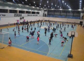 180 chicos y chicas de Ushuaia participaron de la clínica de hockey pista dictada por juan Eleicegui